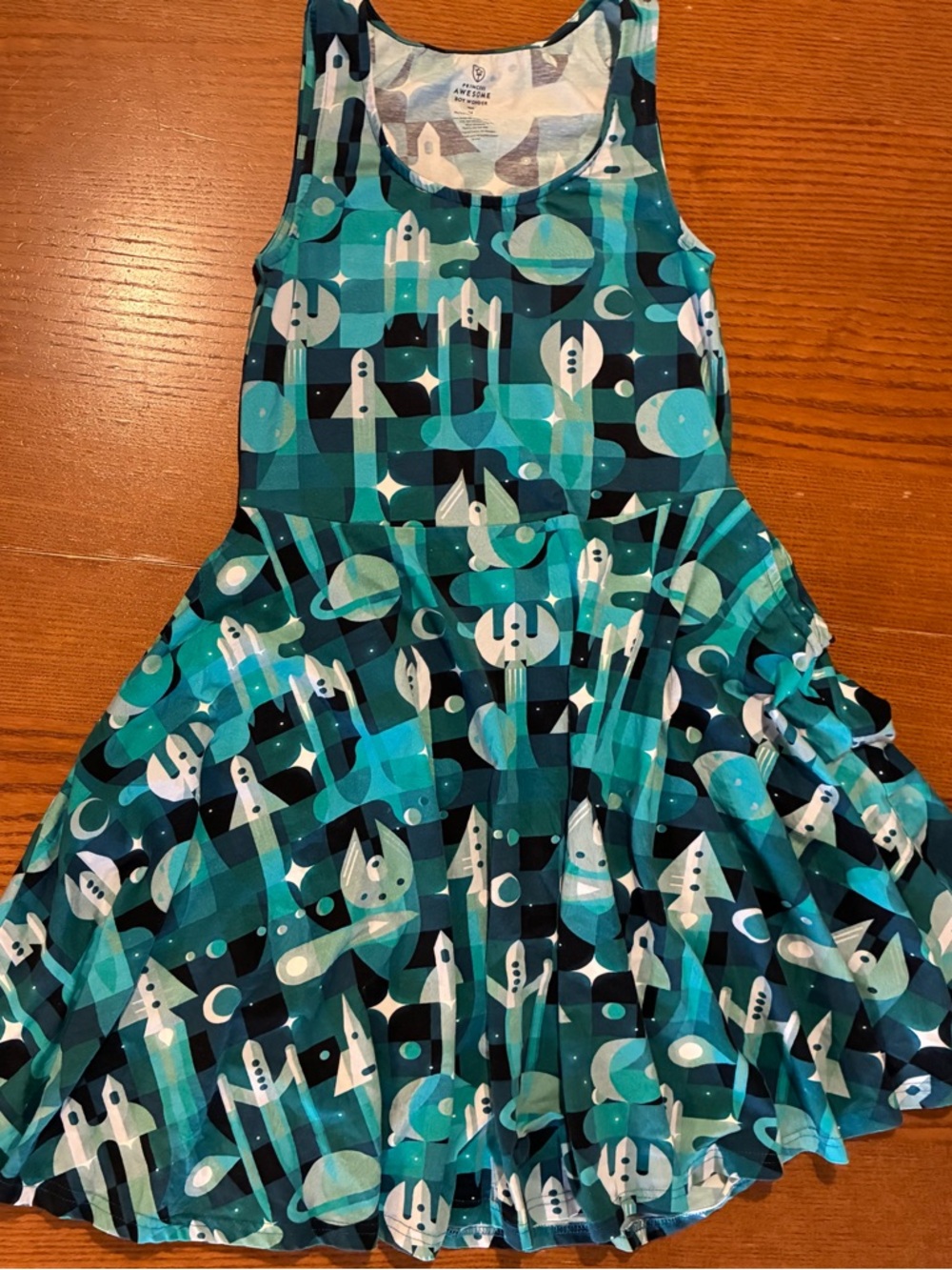 Space Rocket Print Girls' Tank Dress - Teal Blue